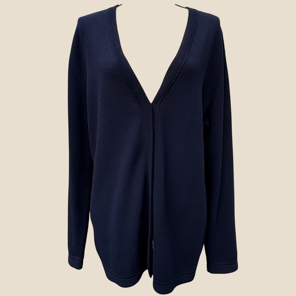 Dana Buchman Navy Blue Open Front V-Neck Ribbed Knit Cardigan Sweater XL